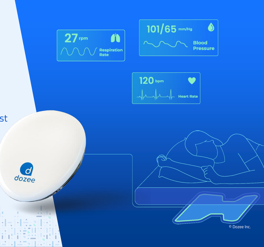 Dozee sensor with live vitals readouts